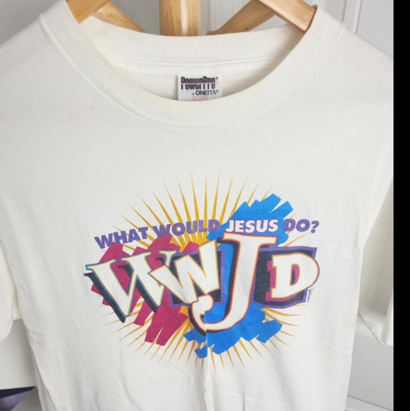 Vintage WWJD Jesus Religious Oneita Tag 1996 Size L* White Graphic Tshirt - Picture 6 of 7